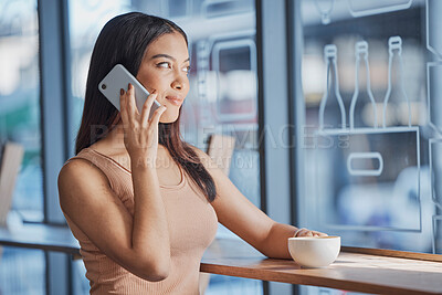 Buy stock photo Cafe, phone call and woman with connection, relax and conversation on break, rest and wellness. Female, tea and lady with smartphone, talking and contact for information, happiness and discussion