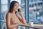 Woman, student and coffee shop portrait with phone call, smile and digital communication for date. Young gen z girl, smartphone conversation and excited face in cafe with happiness, relax and freedom