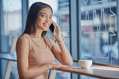 Buy stock photo Woman, student and coffee shop portrait with phone call, smile and digital communication for date. Young gen z girl, smartphone conversation and excited face in cafe with happiness, relax and freedom
