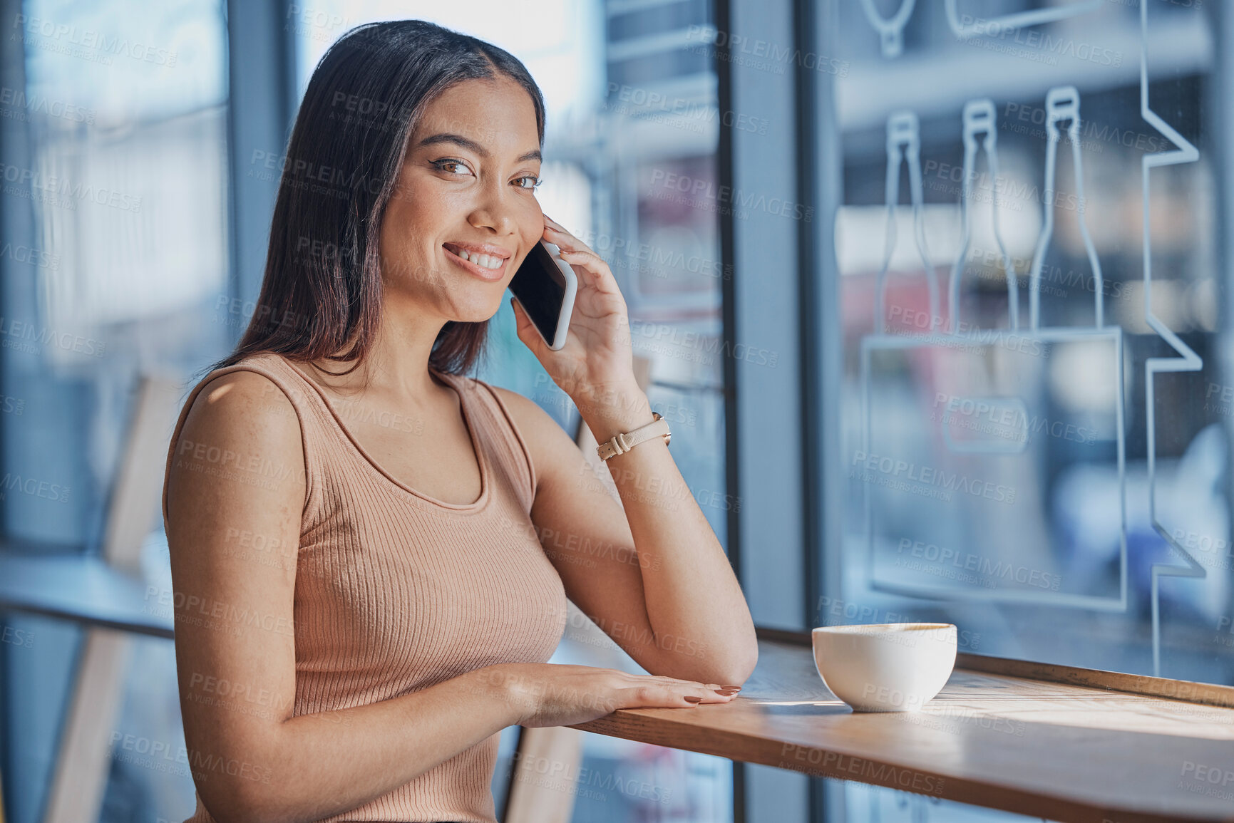 Buy stock photo Woman, student and coffee shop portrait with phone call, smile and digital communication for date. Young gen z girl, smartphone conversation and excited face in cafe with happiness, relax and freedom