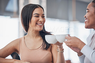 Buy stock photo Coffee cup, couple of friends and cheers for happy social conversation, meeting and morning lifestyle at cafe. Young people or women talking together with latte in shop or restaurant for relax date