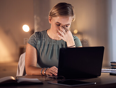 Buy stock photo Work stress, headache and computer work at night in a office with project report deadline. Working in dark, anxiety and burnout of a corporate worker with a laptop problem and glitch feeling fatigue