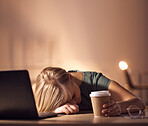 Sleeping, tired and burnout by business woman working at night in office on laptop for deadline, email or proposal. Sleep, exhausted and corporate employee suffering fatigue, workload and pressure