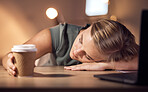 Burnout, sleeping and tired young business woman working at night in office on laptop for deadline, email or proposal. Sleep, exhausted and corporate employee suffering fatigue, workload and pressure