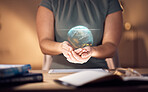 Globe hologram, international data and tablet with woman holding a digital earth illustration. Night, hands and website software of a corporate stock market employee with fintech network and web map