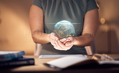 Buy stock photo Globe hologram, international data and tablet with woman holding a digital earth illustration. Night, hands and website software of a corporate stock market employee with fintech network and web map