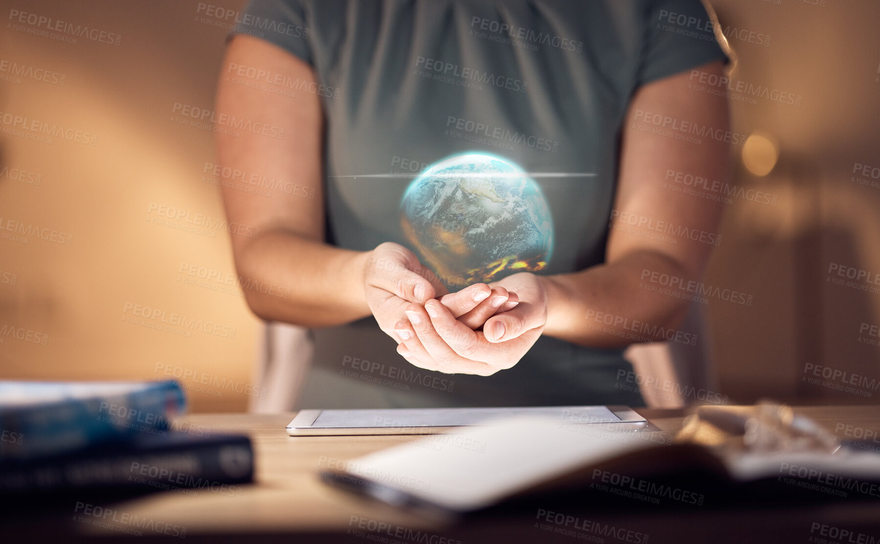Buy stock photo Globe hologram, international data and tablet with woman holding a digital earth illustration. Night, hands and website software of a corporate stock market employee with fintech network and web map