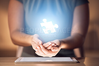 Buy stock photo Business woman, hands or puzzle piece abstract in night office for tablet mockup, strategy planning or problem solving. Zoom, jigsaw or hologram for technology solution, future worker or 3d mock up