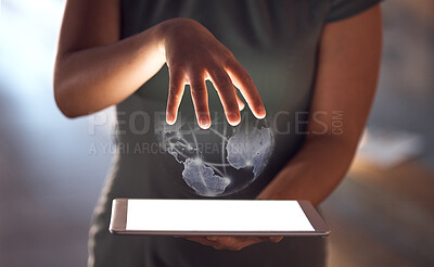 Buy stock photo Globe abstract, hands or tablet screen for woman with global networking mockup, digital transformation app or cyber software. Zoom, futuristic or 3d world on technology for worldwide night business