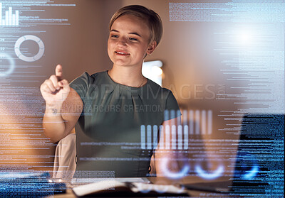 Buy stock photo Hands, coding or interactive abstract for business woman in night office for data analytics, chart reading or progress check. Smile, happy and corporate on technology hologram for infographic growth