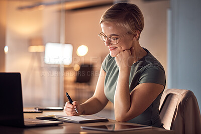 Buy stock photo Happy woman, book or writing in night office for company planning, schedule or ideas management. Business, corporate or worker with notebook pen, laptop technology or project agenda of evening task