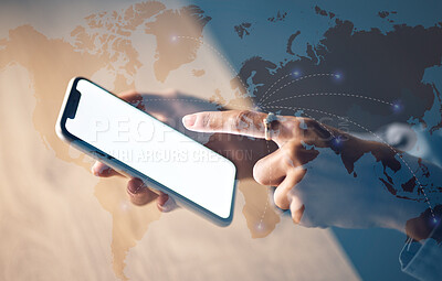 Buy stock photo Globe abstract, hands and phone screen for global networking mockup, digital transformation app or woman community software. Zoom, futuristic and 3d world on technology for worldwide night business