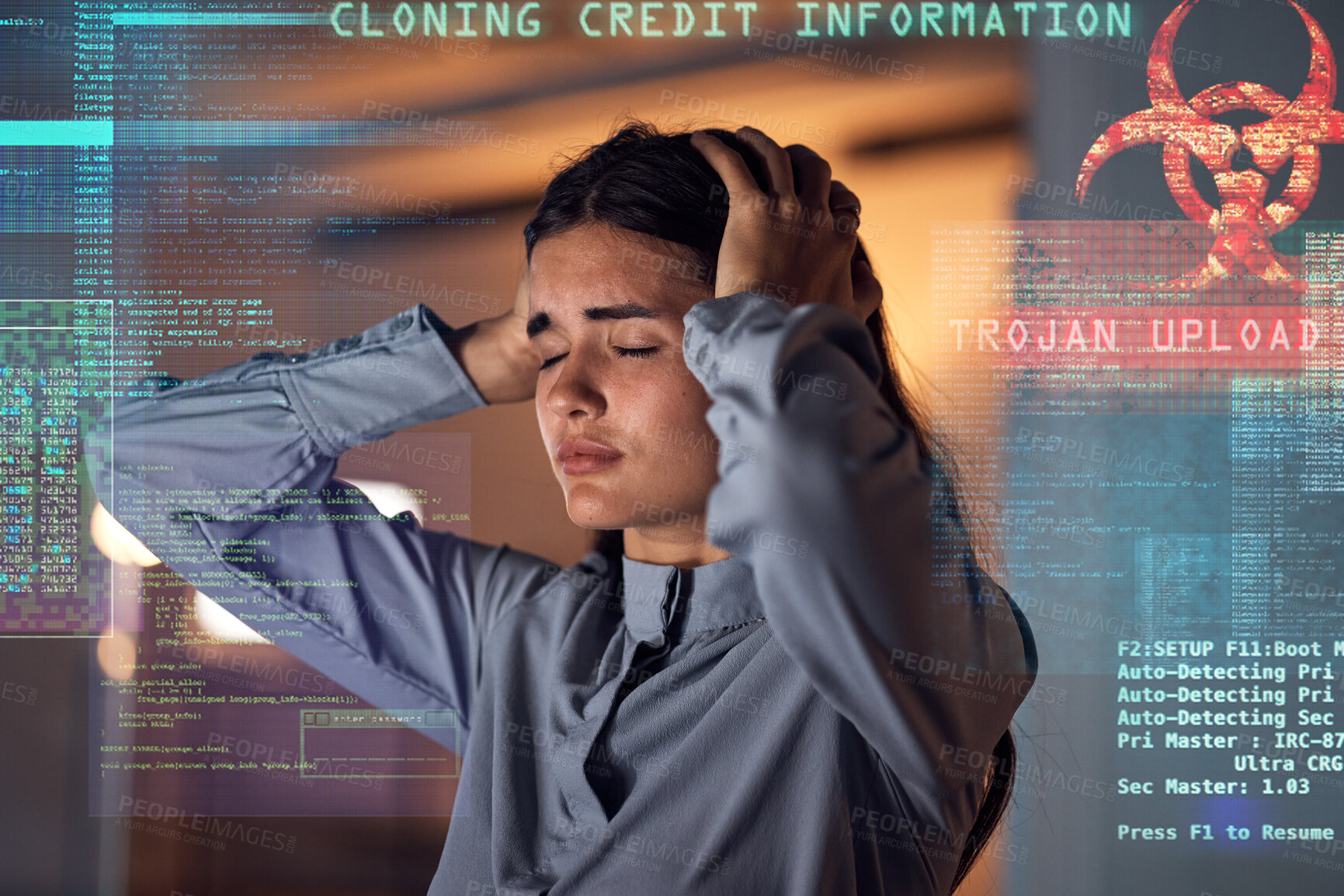 Buy stock photo Hacker stress, coder overlay and cybersecurity problem graphic with a business woman with headache. Software glitch, ransomware server and burnout of a coding employee with anxiety and fear 