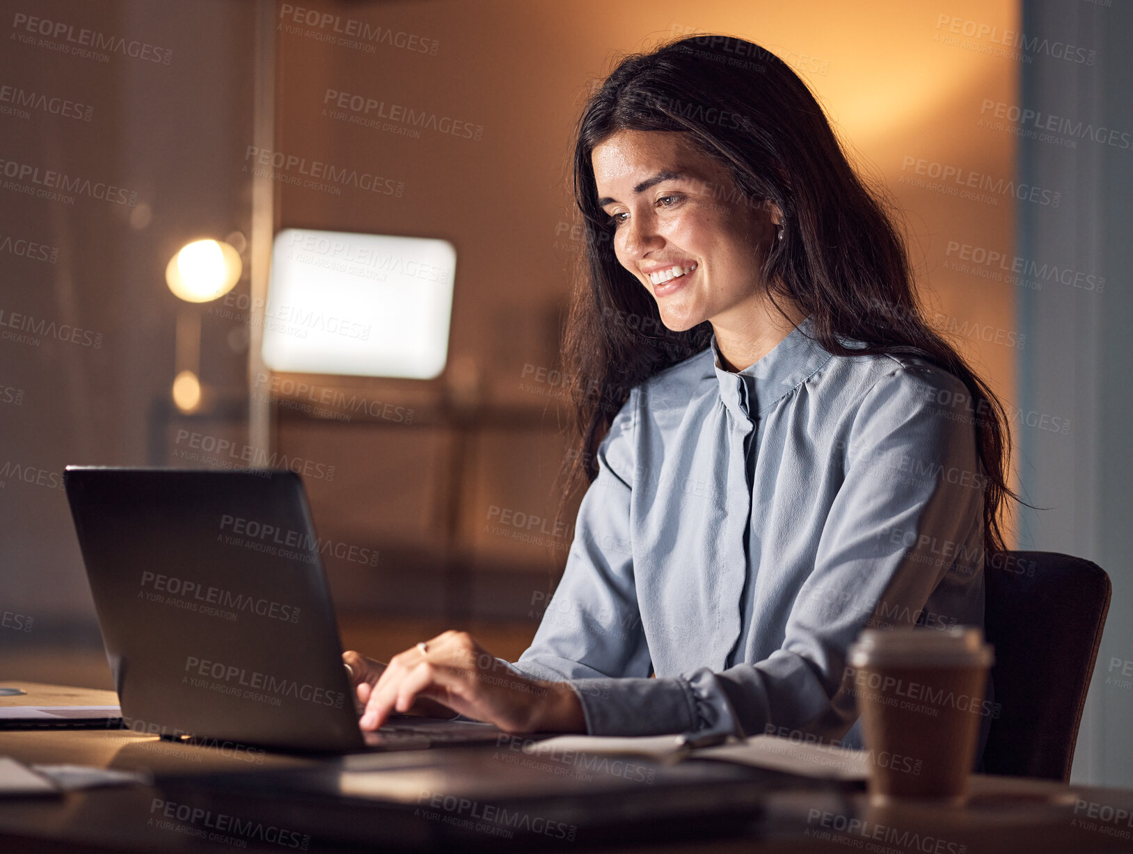 Buy stock photo Business woman, computer typing and dark office with tax audit deadline with happiness. Corporate employee, working and happy accountant planning a online finance strategy with a laptop and a smile