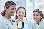 Business, team and woman writing on sticky note, success and planning for project, achievement and workplace. Female leader, manager and staff brainstorming, share ideas or schedule for profit growth