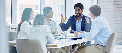 Buy stock photo Happy, explaining and black man in a meeting for a presentation, planning and workshop. Business, communication and employees talking about a corporate project, idea or plan in a team seminar