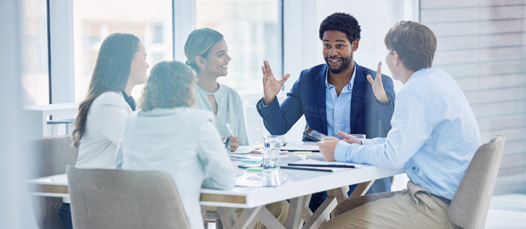 Buy stock photo Happy, explaining and black man in a meeting for a presentation, planning and workshop. Business, communication and employees talking about a corporate project, idea or plan in a team seminar