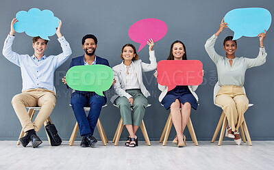 Buy stock photo Social media, chat and portrait of business people with a speech bubble for contact, news and review. Happy, mockup and excited employees showing blank boards for communication information space