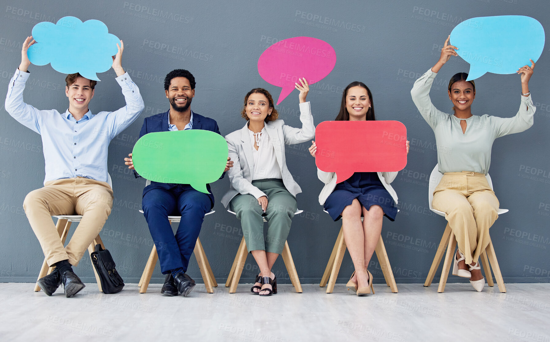 Buy stock photo Social media, chat and portrait of business people with a speech bubble for contact, news and review. Happy, mockup and excited employees showing blank boards for communication information space