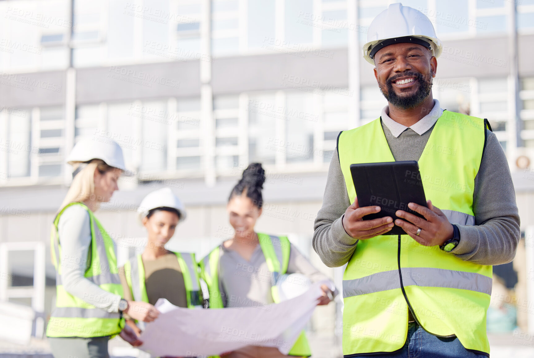 Buy stock photo Architect, leader and black man construction worker with tablet, smile in portrait with digital blueprint. Architecture, contractor and happy male engineer, building industry and team with floor plan