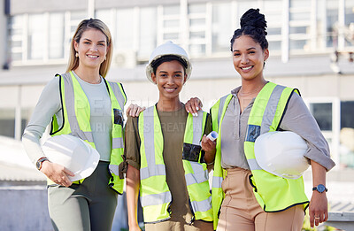 Buy stock photo Architecture, women construction team and diversity in portrait, contractor group with smile at building site. Architect, engineering female with solidarity and trust in collaboration with builder