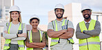 Architecture, construction team and diversity in portrait, contractor group smile with work at building site. Architect, engineer and people with arms crossed, solidarity and trust in collaboration