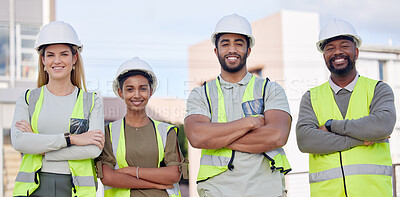 Buy stock photo Architecture, construction team and diversity in portrait, contractor group smile with work at building site. Architect, engineer and people with arms crossed, solidarity and trust in collaboration