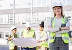 Architect, leader and woman construction worker, smile in portrait with blueprint and collaboration. Architecture, contractor and happy female engineer, building industry and team with floor plan