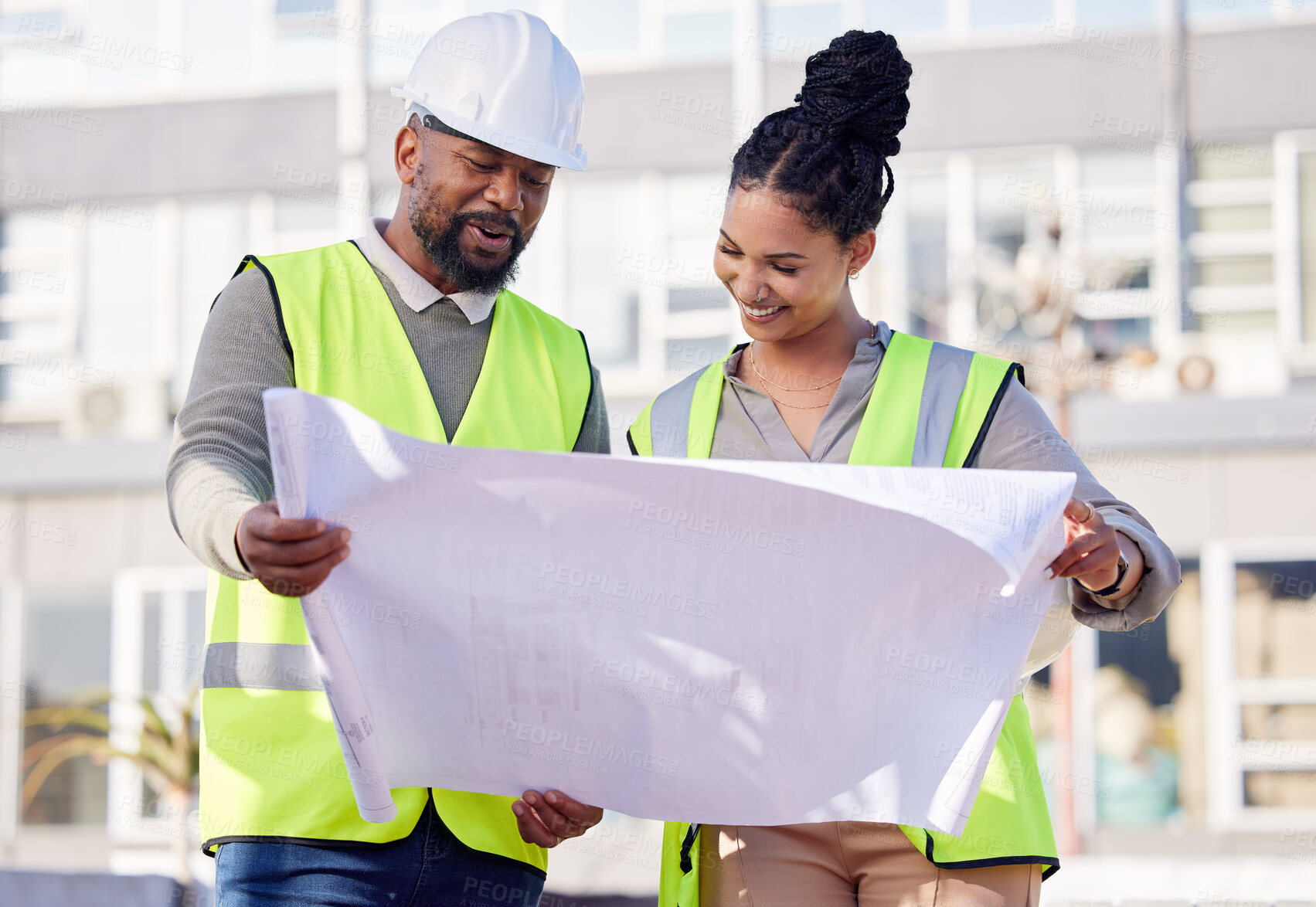 Buy stock photo Contractor, engineering blueprint and black people with teamwork, project manager planning and collaboration. Architecture, outdoor construction worker and floor plan for urban development in city