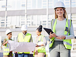 Architect, leader and woman construction worker with tablet, smile in portrait with digital blueprint. Architecture, contractor and happy female engineer, building industry and team with floor plan