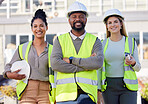 Architect, leader and black man construction worker, team smile in portrait with women and diversity. Architecture people, contractor and happy engineer group in building industry and collaboration