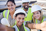 Selfie, engineer and staff outdoor, smile and construction site for real estate, new project and industrial. Portrait, coworkers and happy  employees with success, hard hat for safety and management