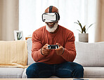 Vr, gaming and senior black man in virtual reality in home on sofa in living room, laughing and having fun. 3d metaverse, esports gamer and happy retired male playing futuristic games with controller