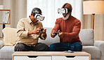 Vr, friends and senior men gaming in home on sofa in living room while laughing at meme. 3d technology, metaverse gamer and smile of happy retired people playing futuristic games with controller.