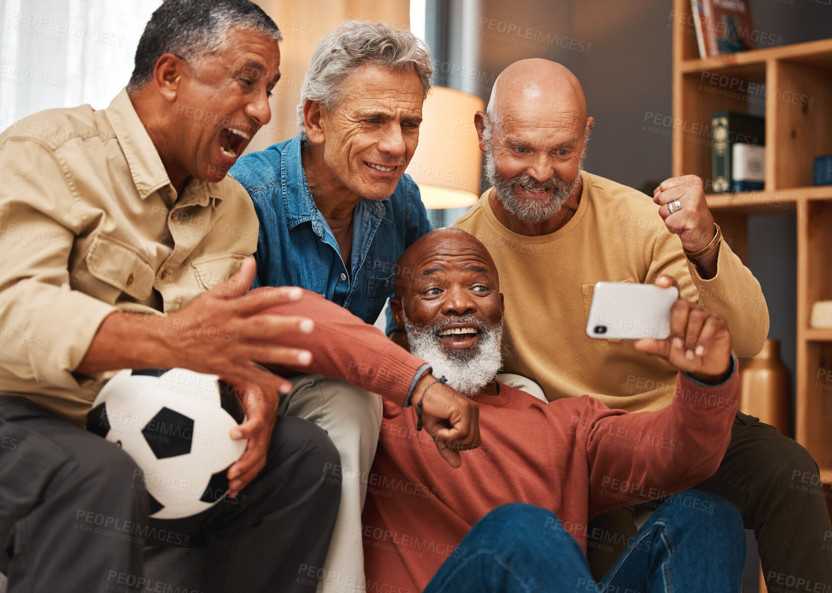 Buy stock photo Success, celebration and group of men with phone streaming football game in home. Winner, retirement and happy elderly friends with mobile smartphone to celebrate goals while watching soccer match.