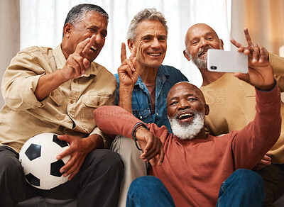 Buy stock photo Selfie, men and senior friends with peace sign in house, having fun and bonding together. V emoji, retirement and happy elderly group of people laughing and taking pictures or photo for social media.