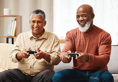 Buy stock photo Gaming, funny and senior black man friends playing a video game together in the living room of a home. Sofa, fun or retirement with a mature male gamer and friend enjoying a house visit to game