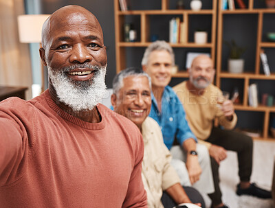 Buy stock photo Senior, selfie and smile of black man with friends in house, having fun and bonding together. Portrait, retirement and face of happy and elderly group of men taking pictures or social media photo.