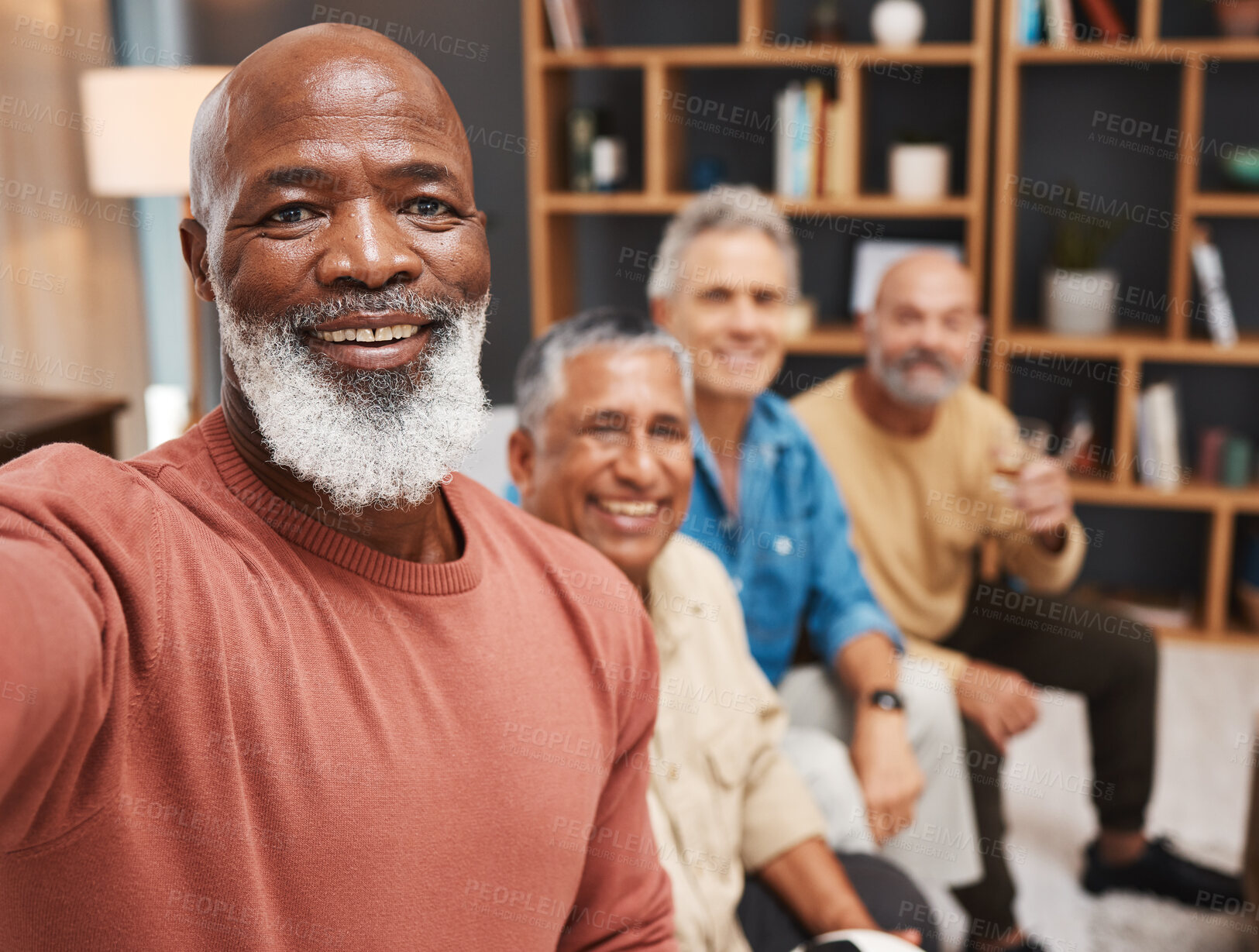 Buy stock photo Senior, selfie and smile of black man with friends in house, having fun and bonding together. Portrait, retirement and face of happy and elderly group of men taking pictures or social media photo.