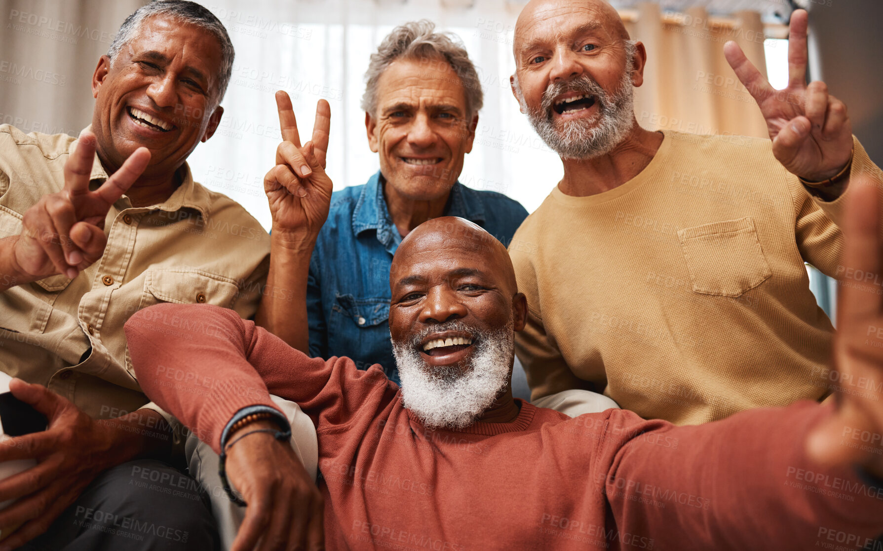 Buy stock photo Portrait, selfie and senior friends with peace sign in house, having fun or bonding together. V emoji, retirement and happy elderly group of men laughing and taking pictures or photo for social media