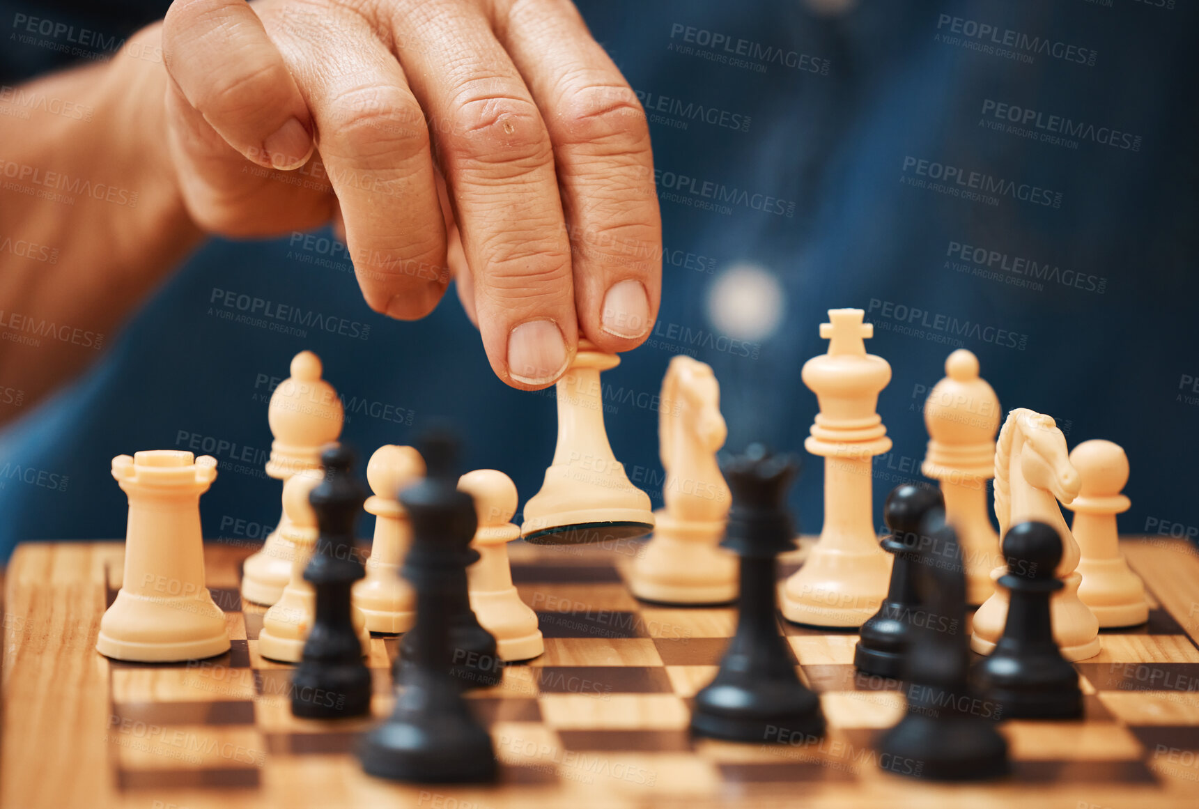 Buy stock photo Chess, play and hands with a queen on a board game with a strategy in home competition. Checkmate, chessboard and smart man or male playing in a sports contest or problem solving challenge for mind.