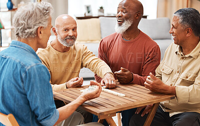 Buy stock photo Senior men, friends and dominoes in board games on wooden table for activity, social bonding or gathering. Elderly group of domino players having fun playing and enjoying entertainment at home