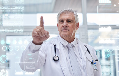 Buy stock photo Digital, healthcare and mature doctor with a screen for a network, hologram medicine and system. Data, hospital and elderly surgeon typing on a graphic dashboard for cardiology, results and update