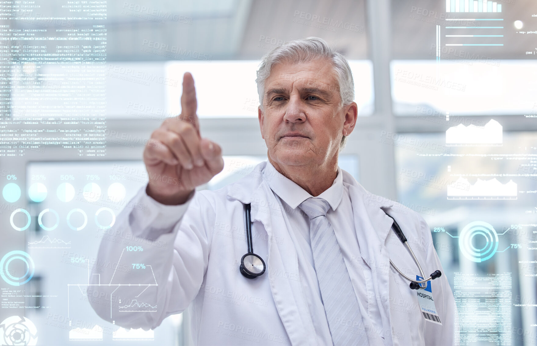 Buy stock photo Digital, healthcare and mature doctor with a screen for a network, hologram medicine and system. Data, hospital and elderly surgeon typing on a graphic dashboard for cardiology, results and update