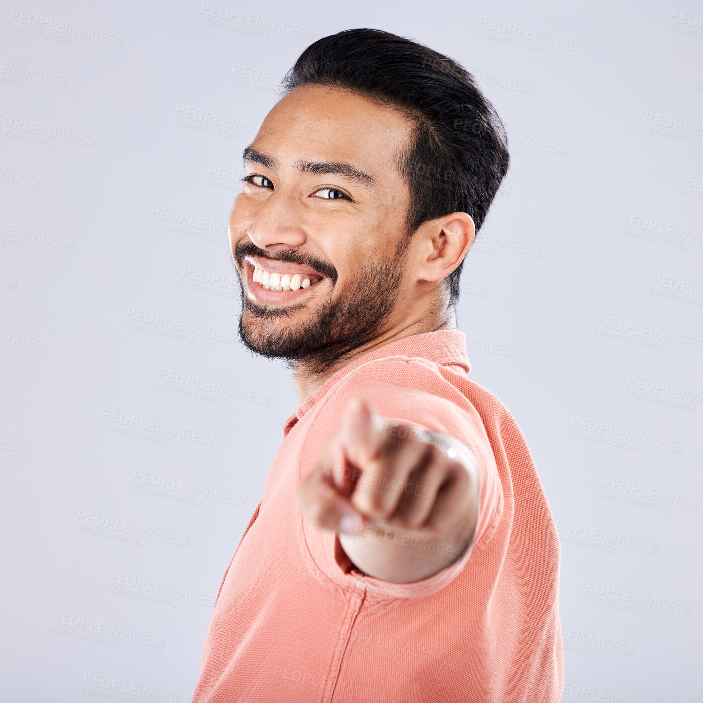 Buy stock photo Portrait of asian man pointing you isolated on gray background to show winner, opportunity or success choice. Hiring worker, employee or Japanese person finger or hand sign for recruitment or winning