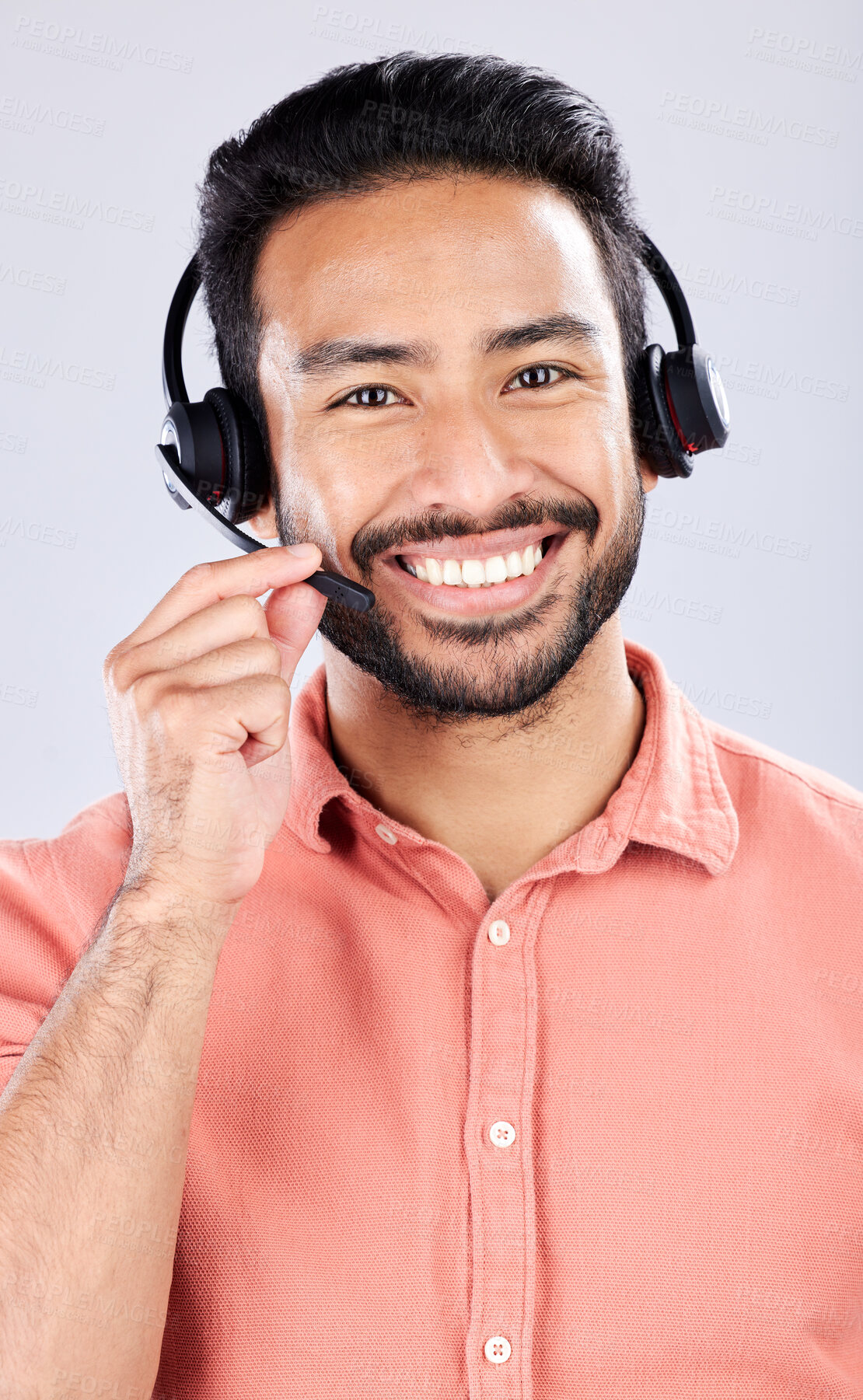 Buy stock photo Portrait, call center and customer service with a man consultant in studio on a gray background. Contact us, crm or support and a happy male employee consulting with a headset for help or advice