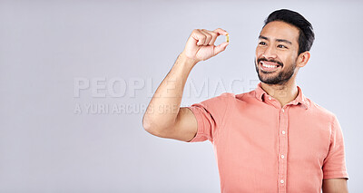 Buy stock photo Young man, supplement pill and smile by studio mockup space for health, self care or wellness. Gen z model, student and medicine for nutrition, diet or omega 3 for healthy brain, mindset and happy