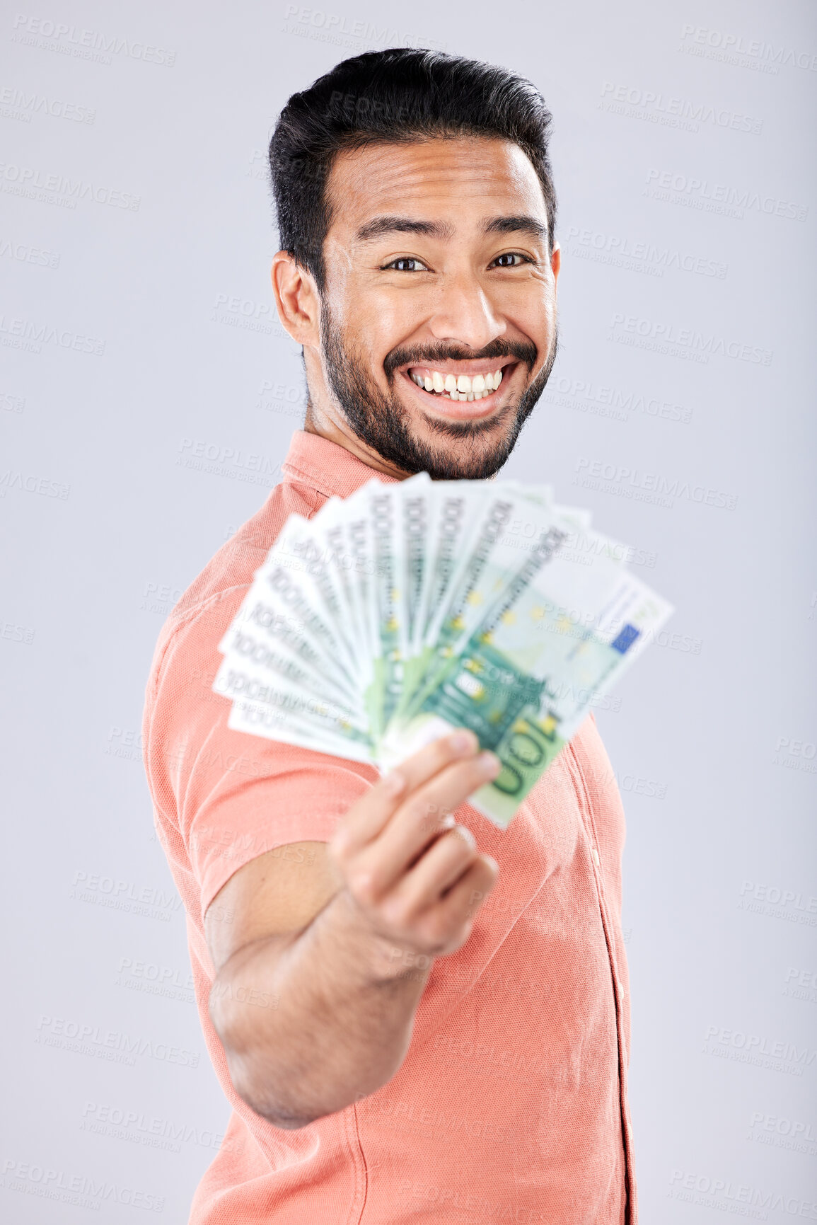 Buy stock photo Showing, rich and portrait of Asian man with money isolated on a grey studio background. Finance, wealth and excited person holding cash from investment, lottery and winning the jackpot on a backdrop