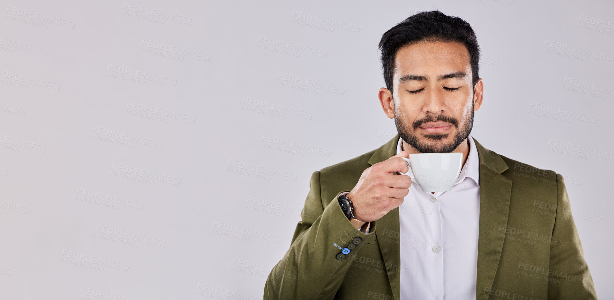 Buy stock photo Mockup, coffee and Asian man with peace, relax and happy with guy against a grey studio background. Japan, male and gentleman with tea, peace and product placement with beverage, calm and backdrop