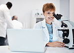 Medical science, woman and portrait with a microscope in a laboratory for research, analysis and study. Scientist person at desk with laptop in lab for development, future medicine and biotechnology